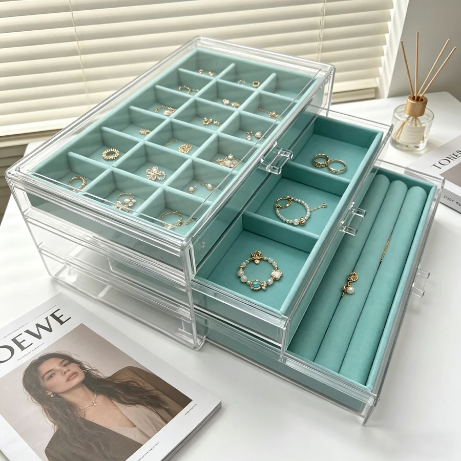 3-layer blue velvet jewelry box with 18+6+ sponge strips, velvet jewelry box for storing jewelry, jewelry ring, stud earrings an