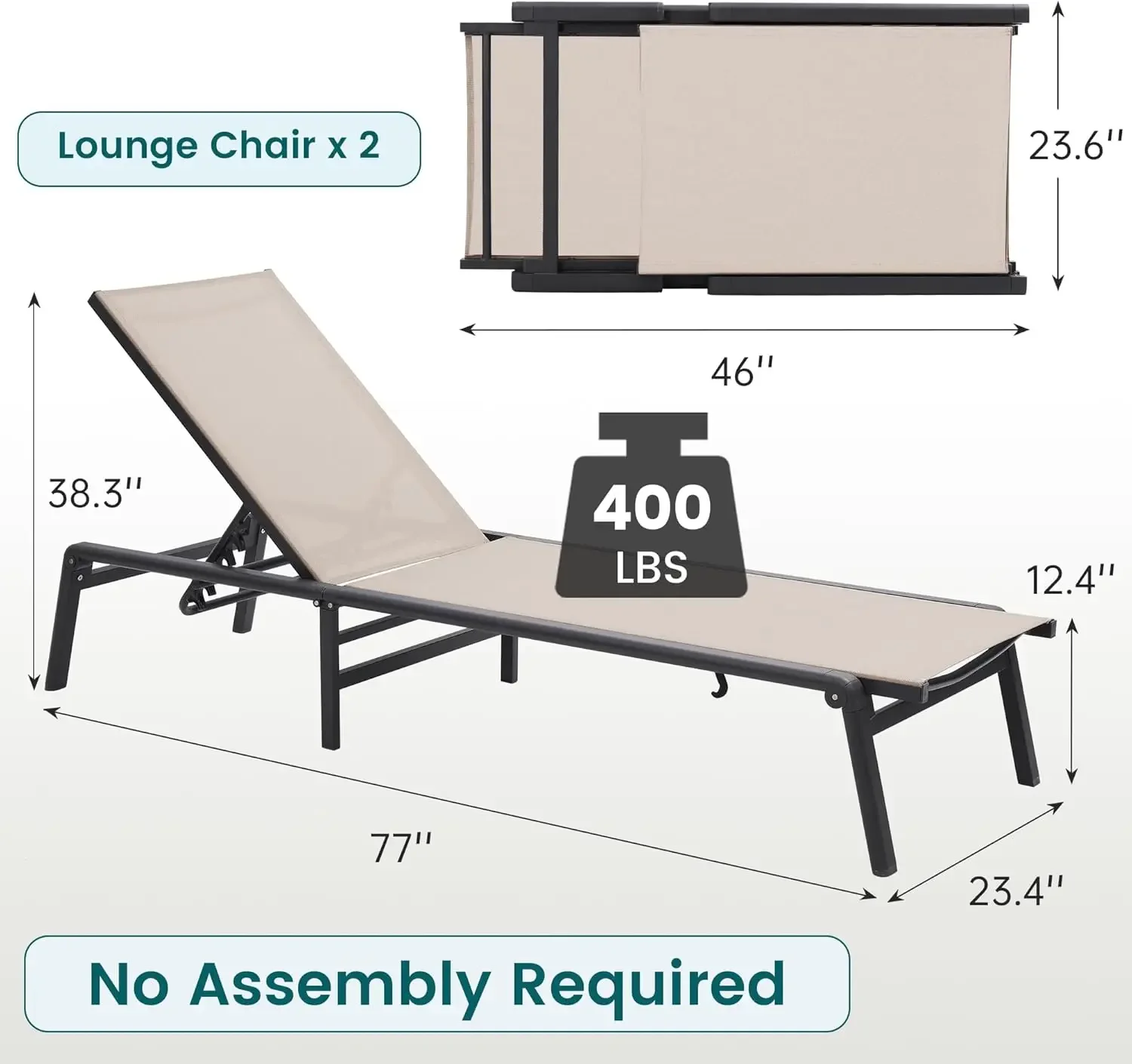 Set of 2 with 5 Adjustable Backrest, No Assembly Required, Lightweight, Foldable, Portable Chair Furniture for Pool, Deck, Lawn