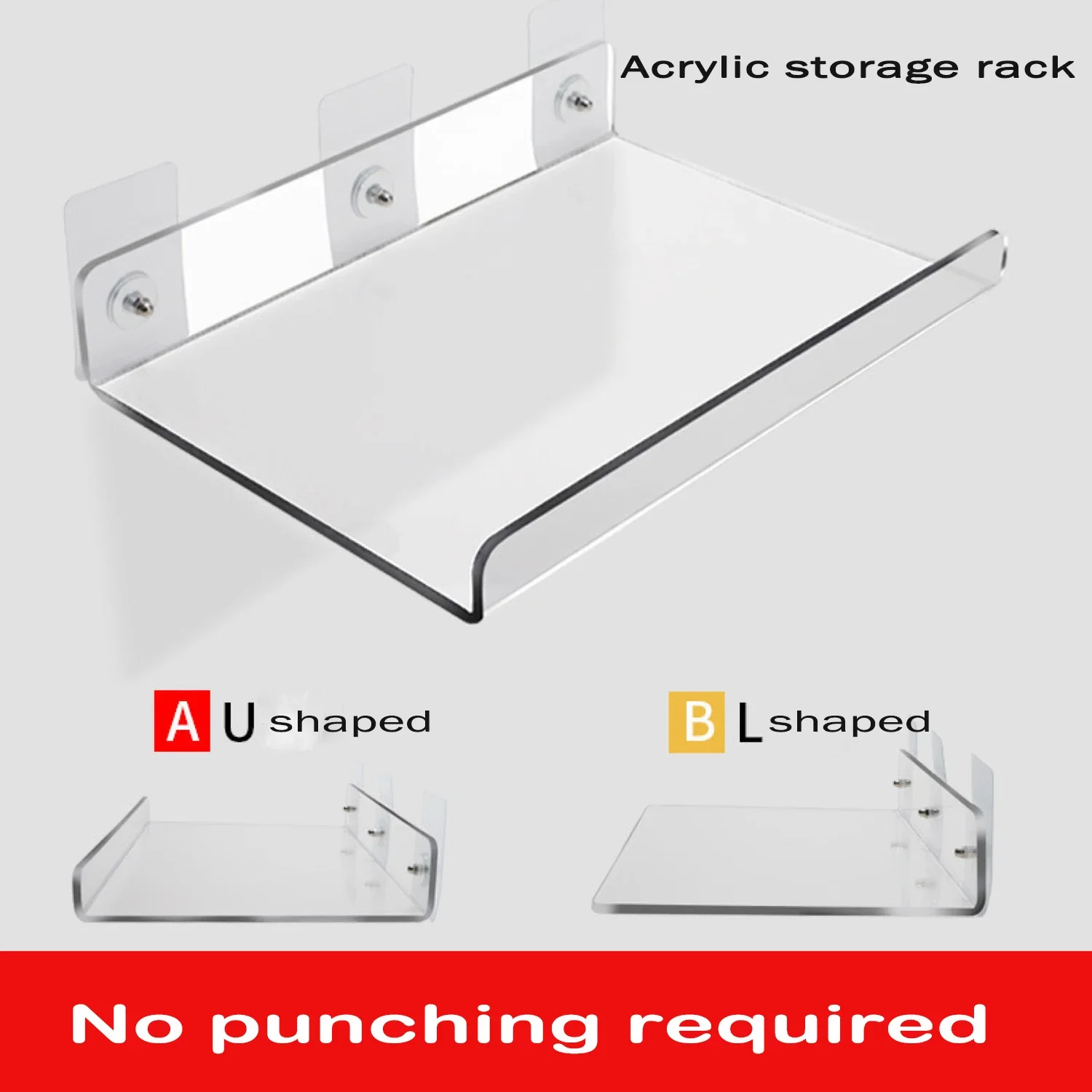 Transparent Acrylic U-shaped Wall Mounted Storage Rack Kitchen and Bathroom Walls L Do Not Require Perforated Storage Racks