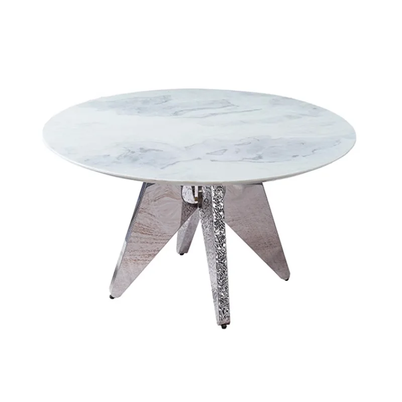 Italian light luxury bright rock slab dining table round household small apartment thickened stainless steel water ripple