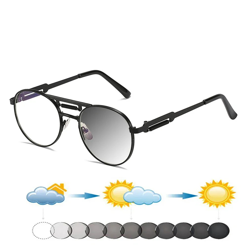 

Double Bridge Retro Personality Metal Spring Legs Rounded Photochromic Reading Glasses +0.75 To +4