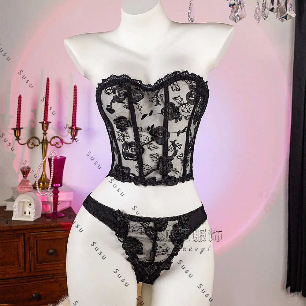 

Новые европейские и американские товары, комплект с бюстгальтером из рыбьей кости с вышивкой розы, женское сексуальное нижнее белье с тонкой талией, комплект из двух предметов, новинка 2023 г.