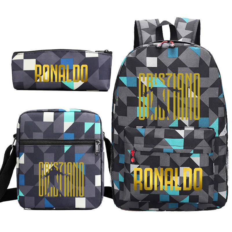 Conjunto de tres piezas de mochila escolar con estampado de Ronaldo para niños, mochila para estudiantes, bolso de viaje al aire libre, bolso de hombro, estuche para lápices