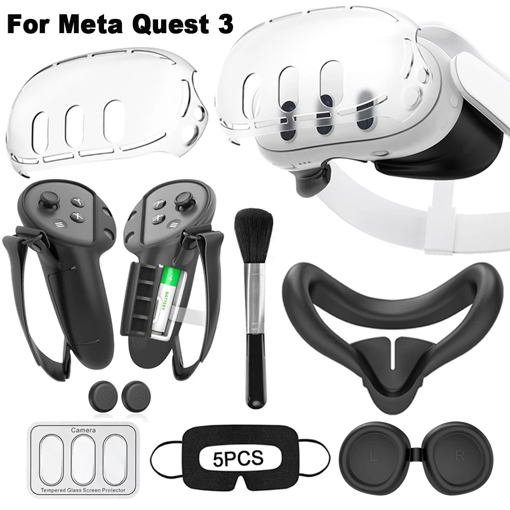 Nuovo arrivo 8 in 1 accessori VR set di coperture in silicone per PC per Meta Quest 3 con pellicola per lenti e 5 maschere usa e getta e spazzola pulita come regalo