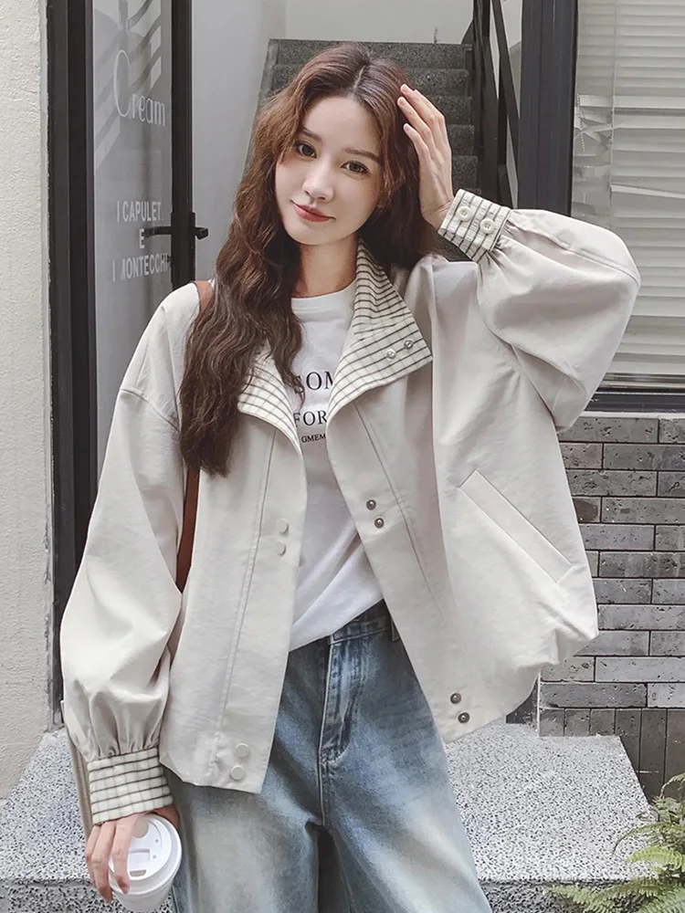 Elegant Women Sweet Jacket Fall Korean Long Sleeve Plaid Patchwork Short Coat Casual Vintage All Match Female Outwear Tops New