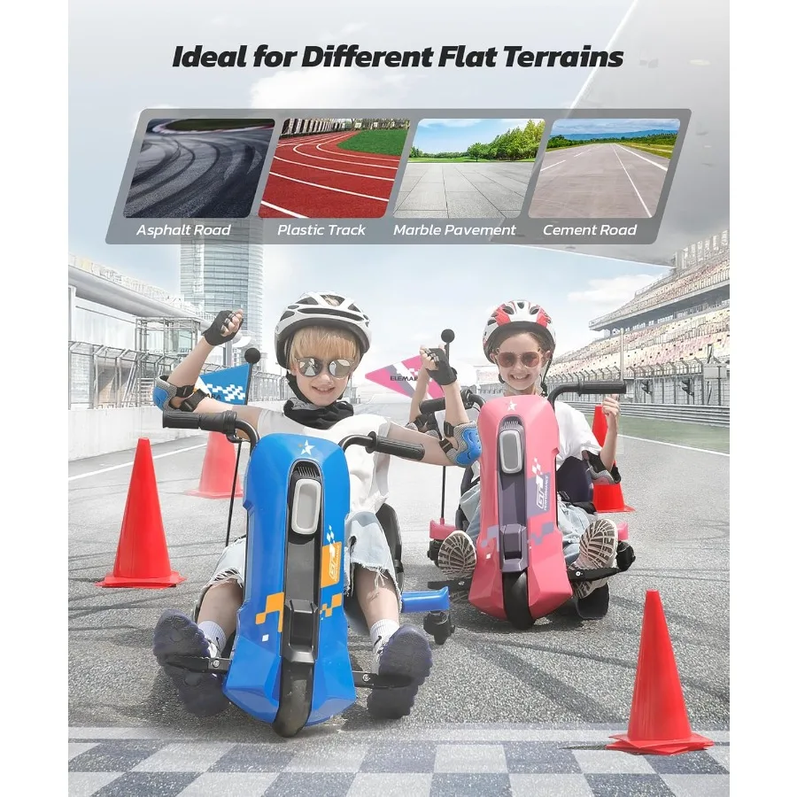 Kart de deriva con velocidad continua, karts de deriva de 12V para asiento ajustable, Go Kart de 5 MPH con música, banderín de luz Bluetooth