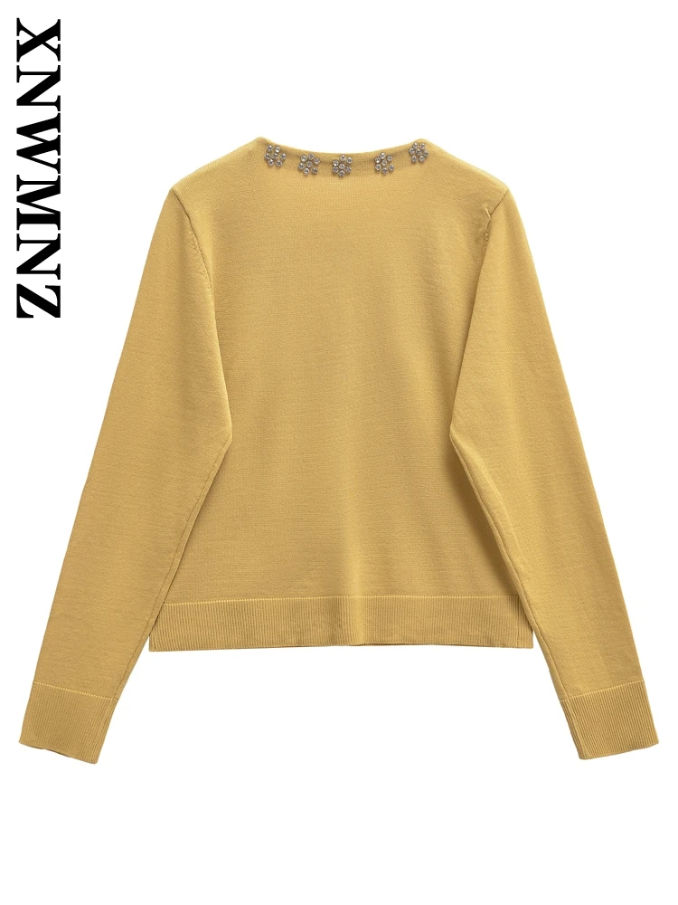 XNWMNZ-Cardigan Triblockchain à Manches sulfet Col en V pour Femme, Manteau Décontracté Vintage, Couleur Unie, Simple Boutonnage, Haut à Volants, Collection Automne 2024