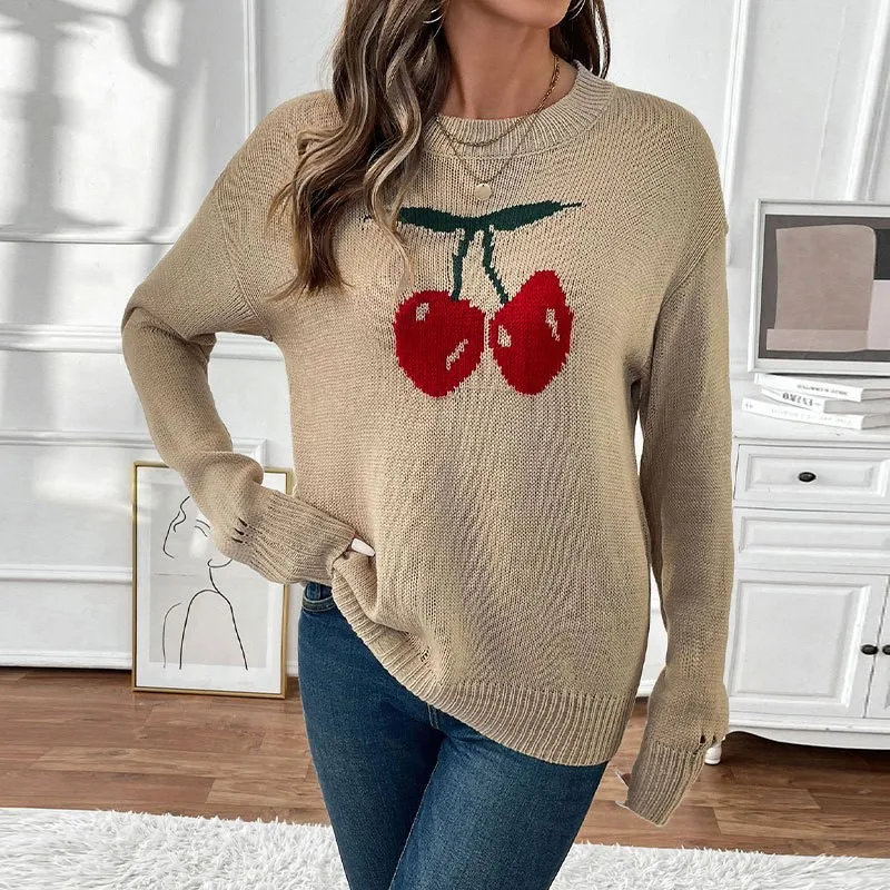 2024 Autumn/Winter Fashion New Round Neck Cherry Valentine's Day Christmas Hot Selling Women's Knitted Sweater