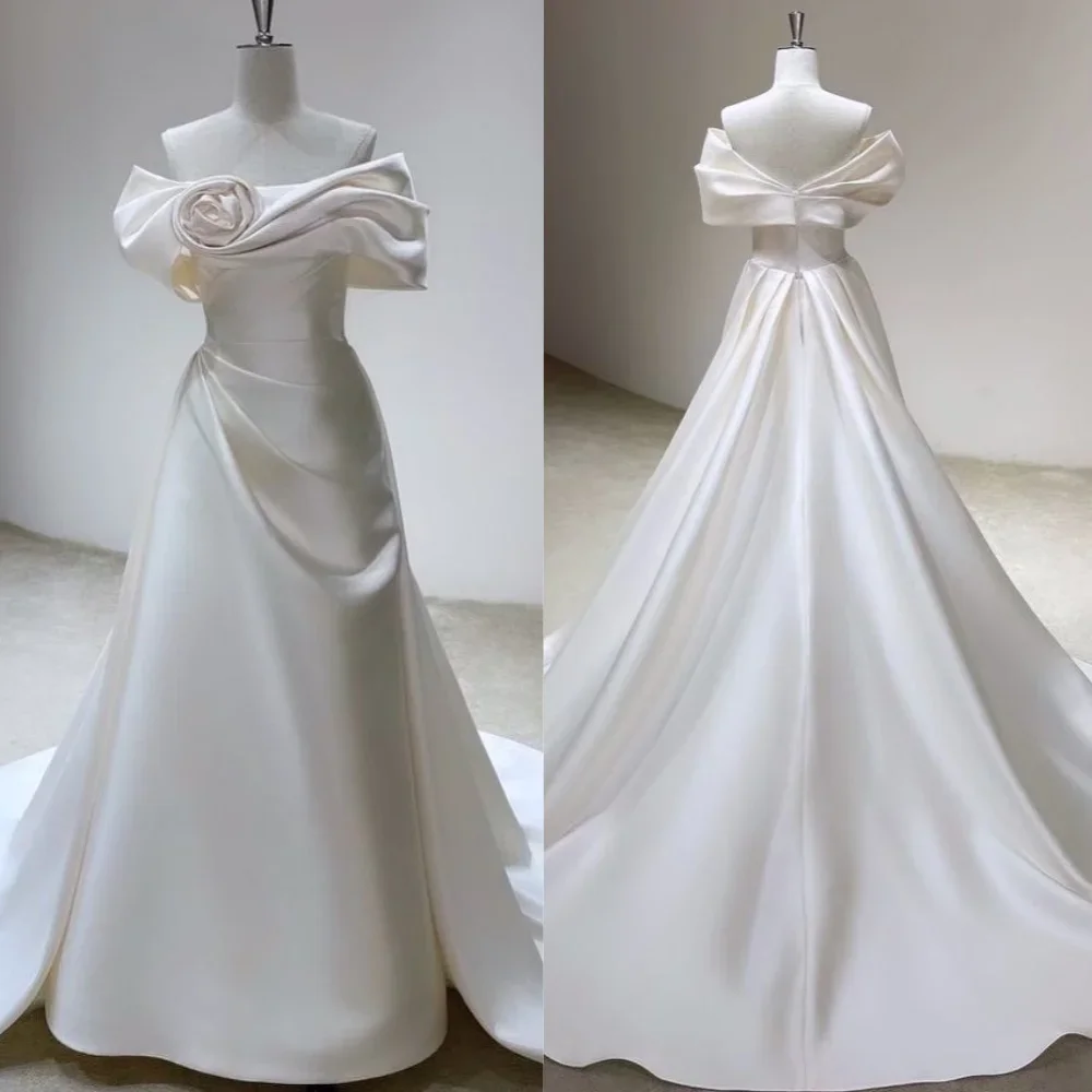 Satin Handmade Flower Pleat Cocktail Party A-line Off-the-shoulder Bespoke Occasion Gown Long Dresses