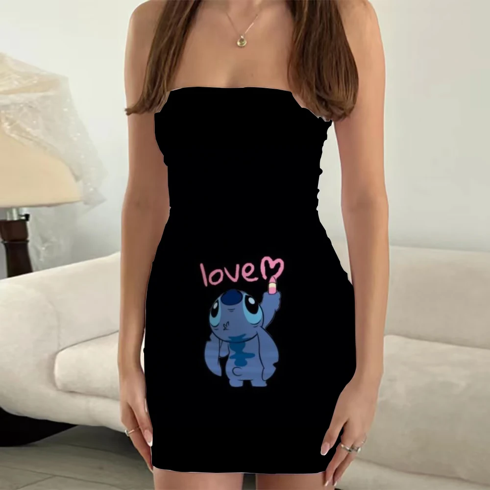 Sexy slim-fitting butt lift dress, casual and comfortable dress with Stitch cartoon pattern, one-line tube top cartoon print