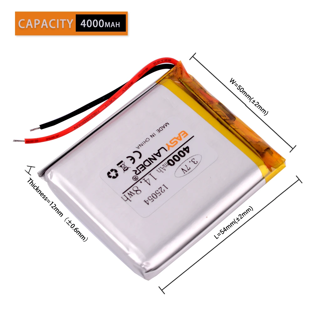CE+Rohs JST XHR 2.0mm 2pin 3.7V 4000mah 125054 Lithium Polymer LiPo Rechargeable Battery For Mp3 Mp4 Mp5 DIY