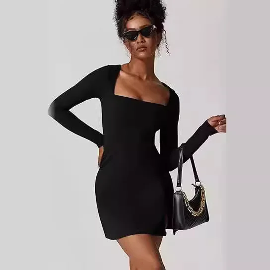 長袖スリムフィットワンピース スクエアカラー レディースファッション 春秋 クロスボーダー エレガント レディスタイル ミルクファイバー素材