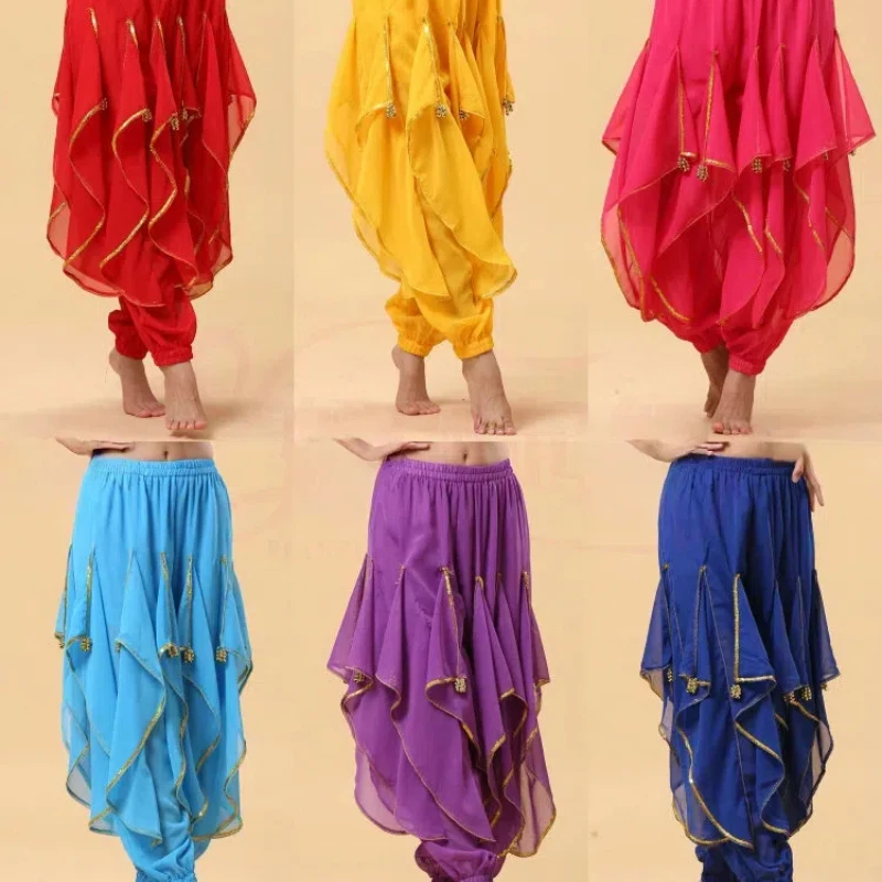 Spettacolo di costumi di danza indiana per adulti, nuovo vestito per la pratica della danza del ventre, pantaloni rotanti con bordo dorato in chiffon per praticare le abilità