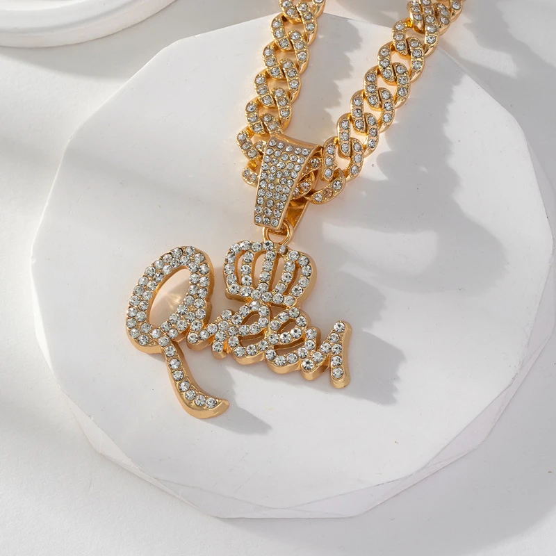 Hip Hop Crown Queen Pendant Necklace 4mm Tennis Chain Letter Necklaces For Women Gifts Hiphop Rapper Jewelry