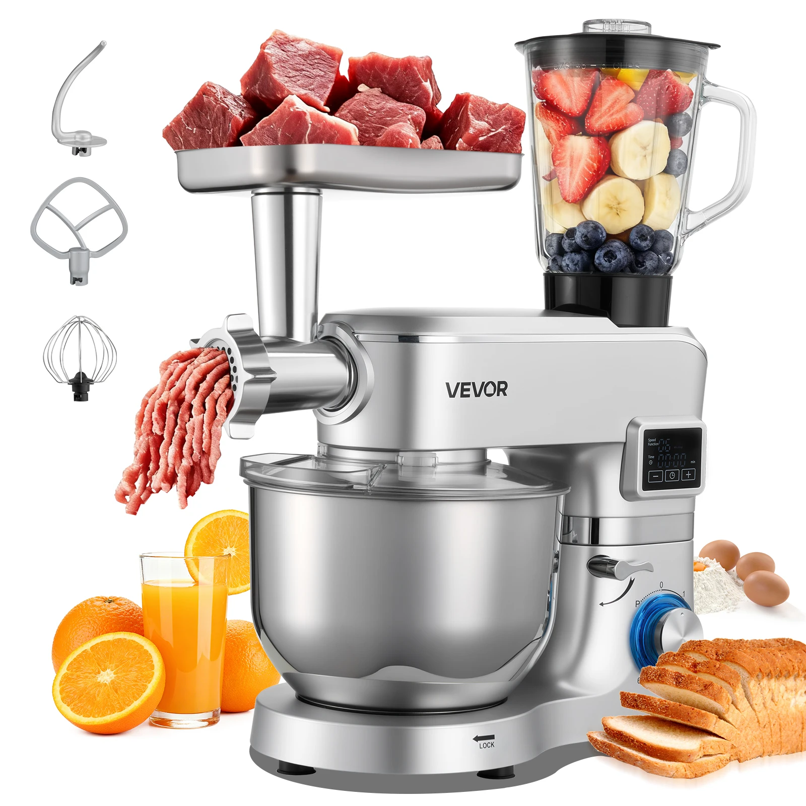 SucceBuy Batteur sur socle électrique de cuisine 5,7/6/7,8 L 1500 W, pétrin, 6+ vitesses, batteur culinaire à tête inclinable avec gobelet mélangeur de 1,5 L