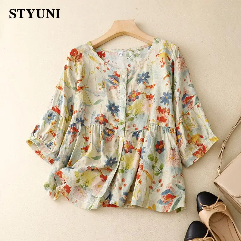 Floral Printing Vintage Single Breasted O-Neck Short Sleeve Linen Thin Women's Blouse Shirt Korean Fashion Female Clothing Tops