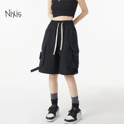 Short cargo noir pour femme, style de rue vintage, demi-pantalon droit adt, mode estivale, bas décontractés, vêtements féminins