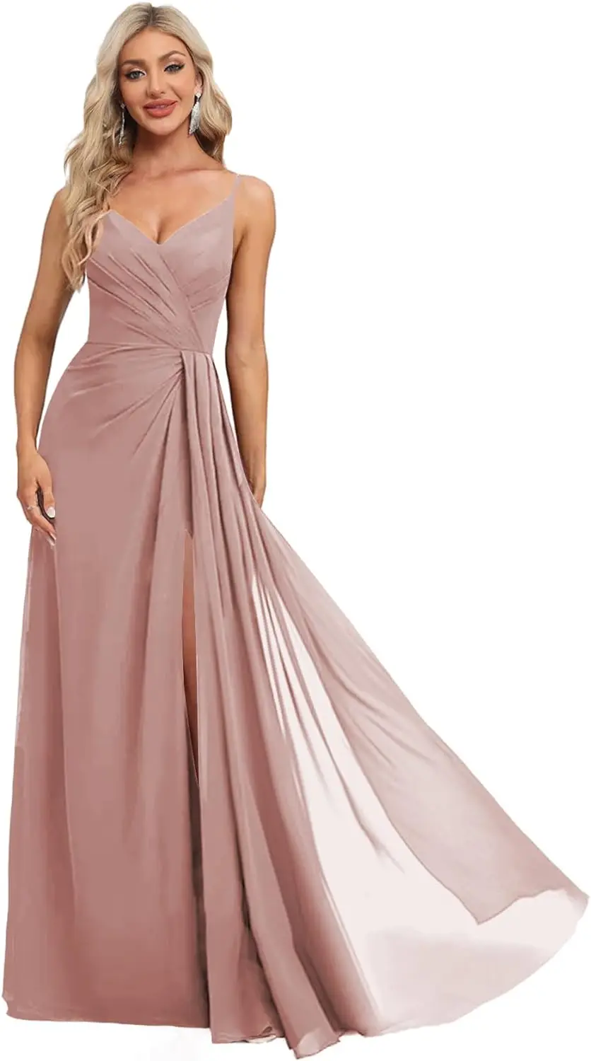 

Spaghetti Straps Bridesmaid Dresses for Women Flowy V-Neck Pleated Chiffon Long Formal Evening Dress wedding party