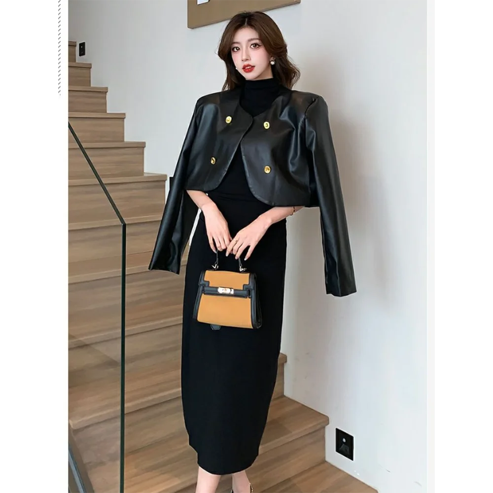 2024 Spring Autumn New Retro O-Neck Loose Short PU Leather Coat Jacket + Slim High Neck Long Dress 2PCS Women Dresses Suits 2PCS