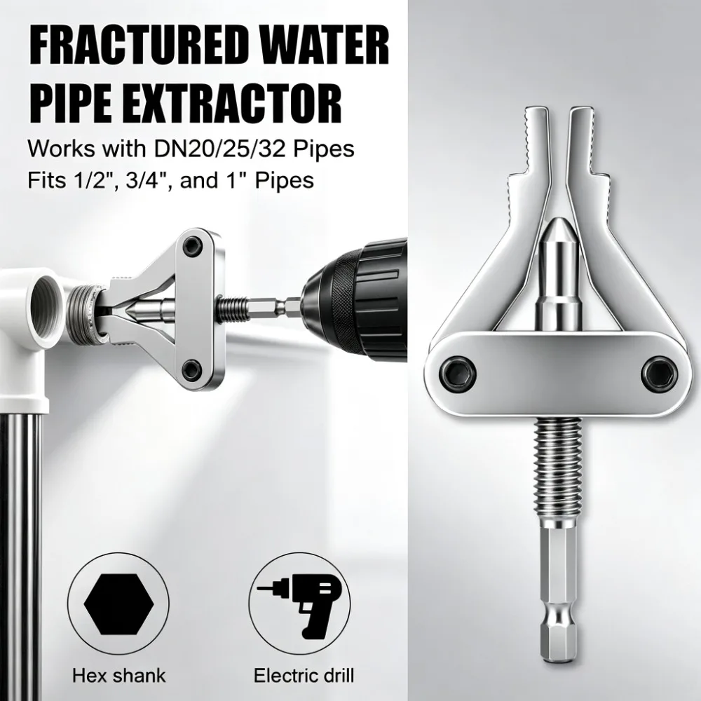 Broken Pipe Fitting Thread Extractor Puller, Hex Shank for Electric Drill, PPR PVC MPP Pipe Remover DN20/25/32 1/2