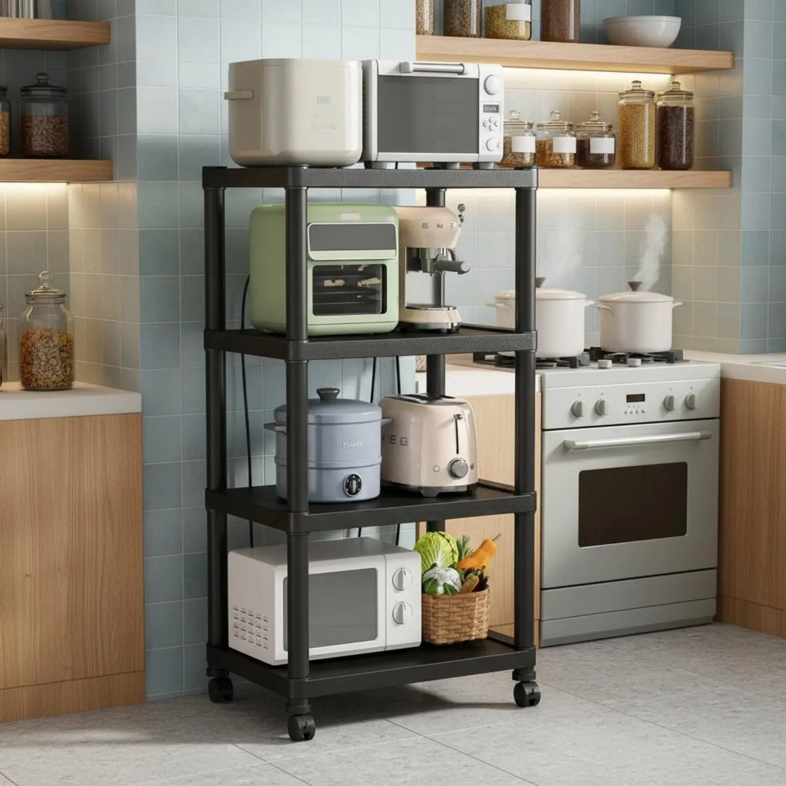 Multi-Tier Storage Rack Space Saving Multi-Tier Organizer Shelf Slim Storage Unit Sturdy Kitchen Appliance Stand Sturdy Duty