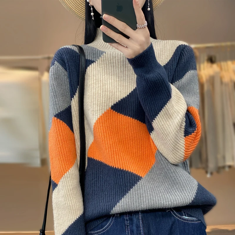 2024 Autumn/winter cashmere sweater women\'s cashmere sweater women\'s pullover patchwork sweater women\'s thickened sweater top