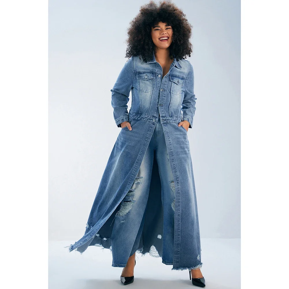 Plus Size Damen Lang mantel lässig hellblau lang Herbst und Winter Hemdkragen zerrissen schlanken Jeans mantel