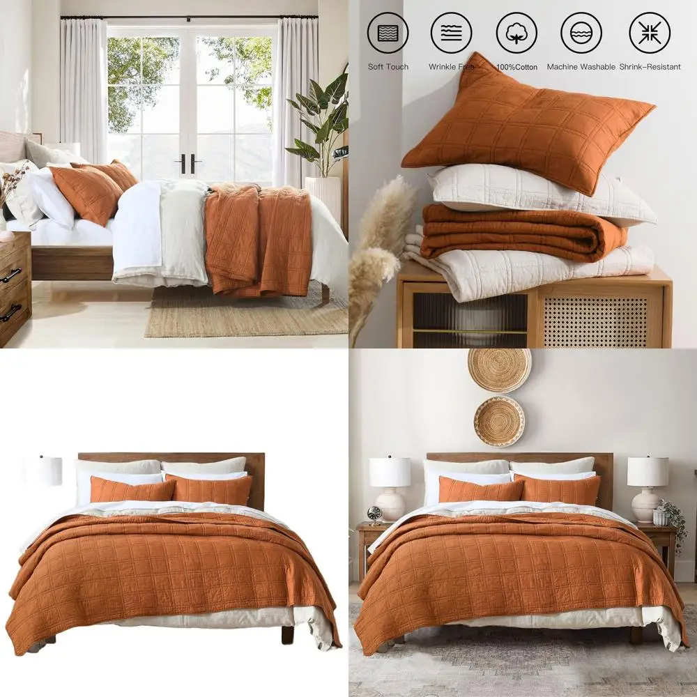 

Хлопковое оранжевое одеяло размера «queen-size», легкое покрывало из трех предметов с предварительно смываемым геометрическим узором на 2 шама для года-русного отдыха