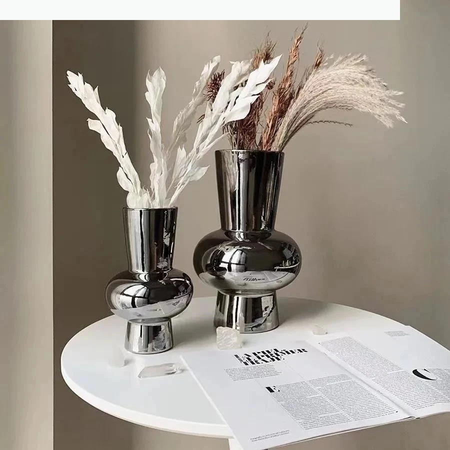 Silver Flower Vase Geometric Block Silver Ceramic Vase Floral Arrangement Accessories Home Decoration