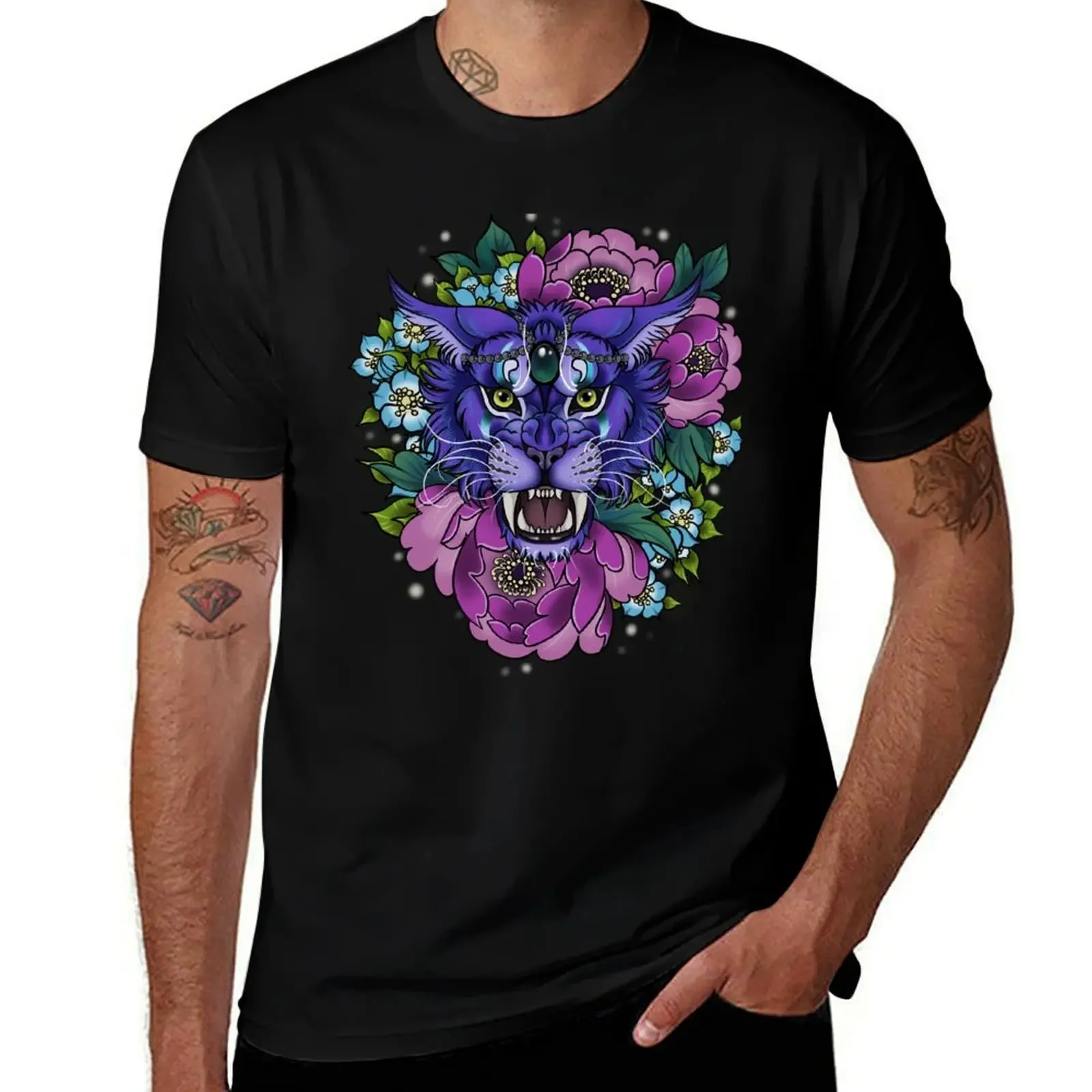 Night elf druid cat portrait with flowers T-Shirt custom t shirt boys whites oversize t-shirts man heavy weight t shirts for men