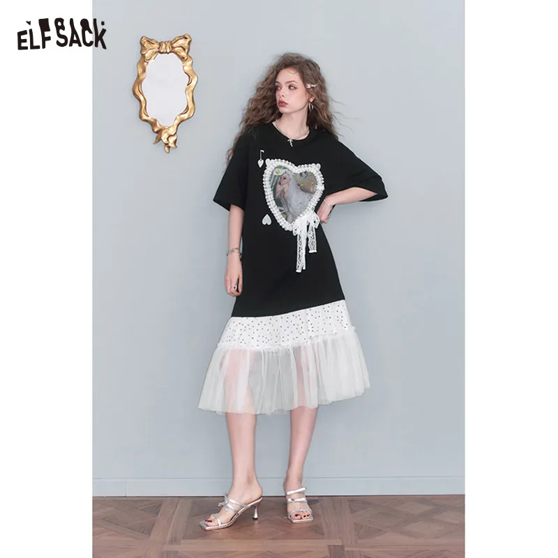 ELFSACK 2025 ฤดูร้อนมาถึงใหม่ Casual Lace Splicing พิมพ์ตาข่ายหลวมผู้หญิงเสื้อยืดยาวชุด