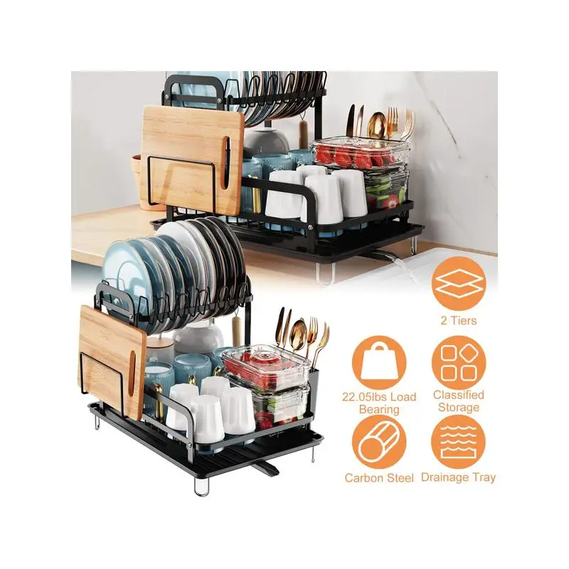 

2-Tier Dish Drying Rack 16.65x14.57x13.11in with Detachable Drainboard, Utensil Holder, and Bowl Rack for Kitchen Storage