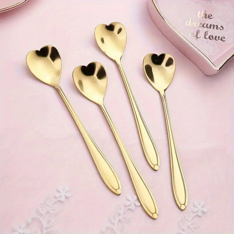 Polished Stainless Steel Heart-Shaped Coffee Spoons Set of 4 - Durable Mixing Flatware for Home, Kitchen, Restaurant