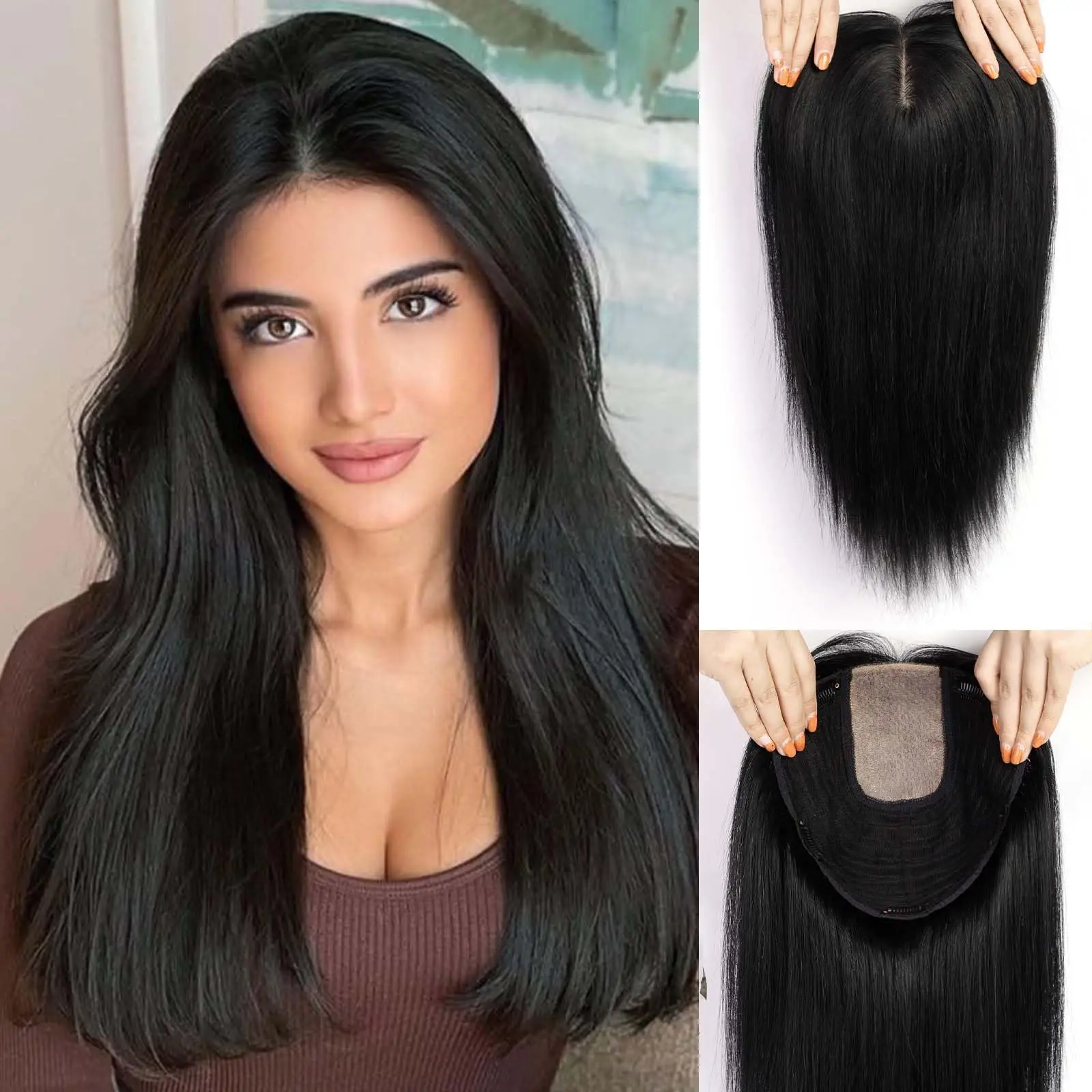 16 inch Bruin Ombre Menselijk Haar Toppers 9x9 inch 5 Clips Zijde Basis Natuurlijke Grote Basis Remy Haar Toppers in Extension Stuk voor Vrouwen