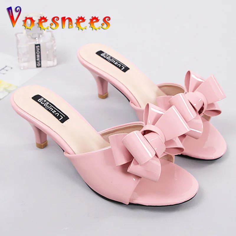 Slippers Female Summer 2022 New Outside Wear Korean version of high heel Medium Heel Thin Heel Bow Fishmouth one word sandals