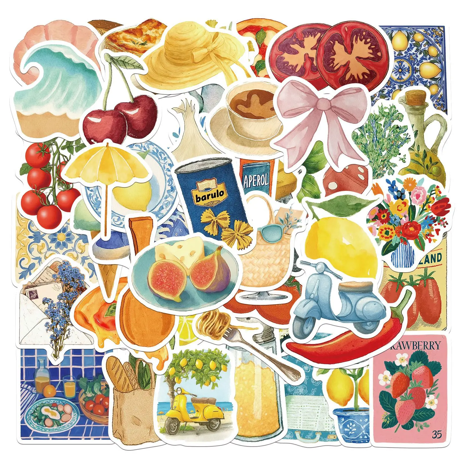 54-108PCS Mediterranean Summer Vibe Graffiti Stickers, Food Fruit Themed Waterproof Decals for Journaling, Cups, Luggage