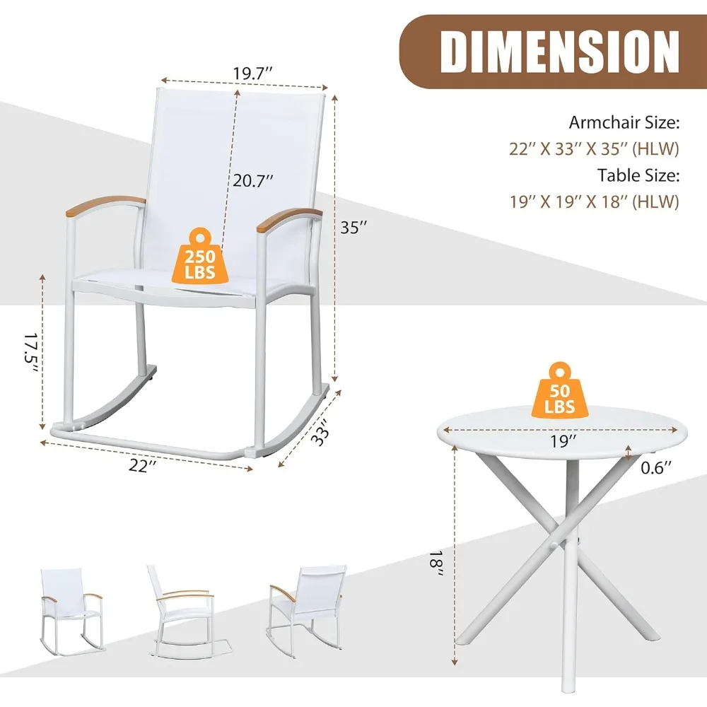 Set Bistro goyang luar ruangan, kain Textilene furnitur kecil luar ruangan, Set percakapan kursi Rocker teras depan 3 buah