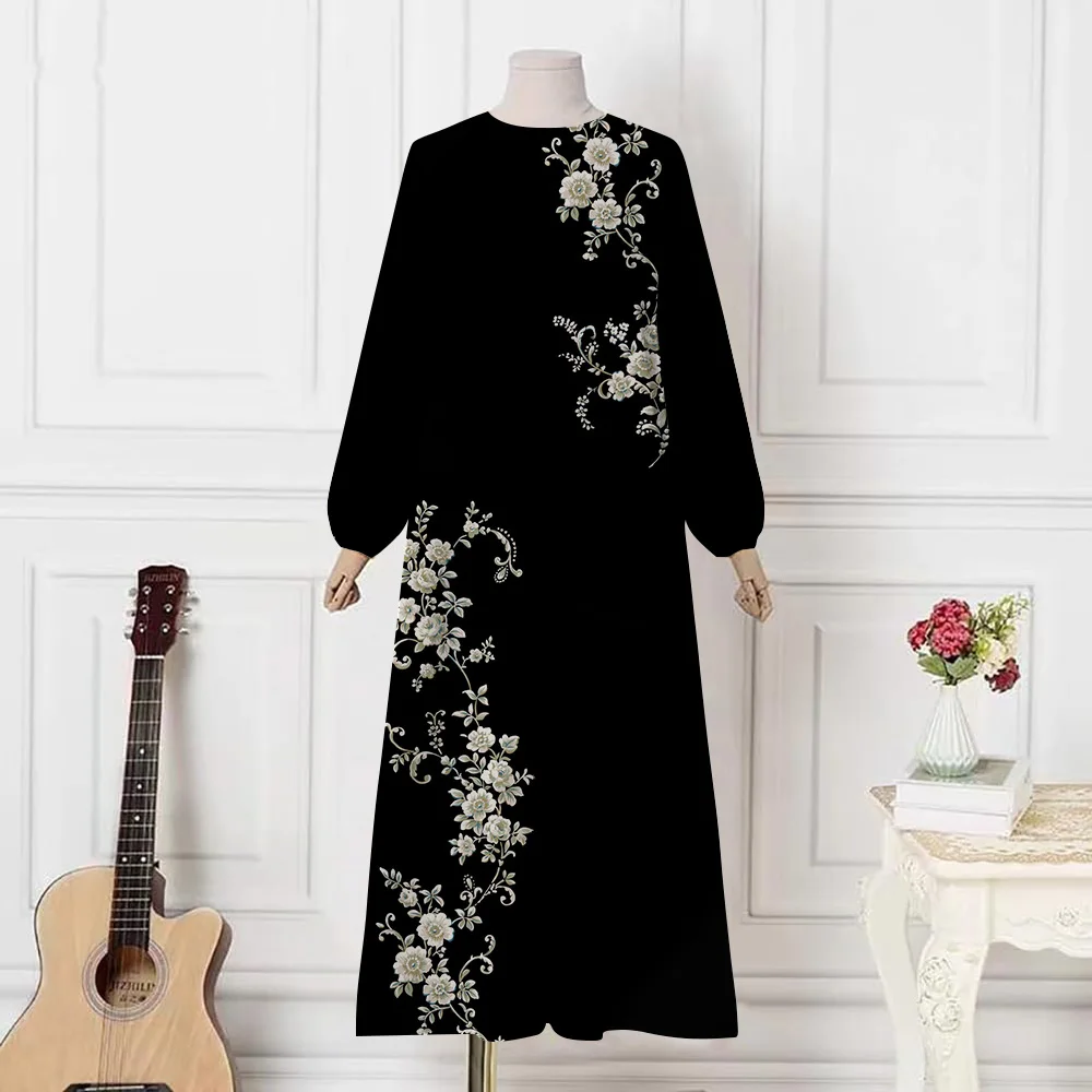 2024 Ramadan Eid Abayas For Women Middle East Dubai Muslim Floral Print O-neck Robe Dresses Fashion Femme Party Abaya Vestidoes