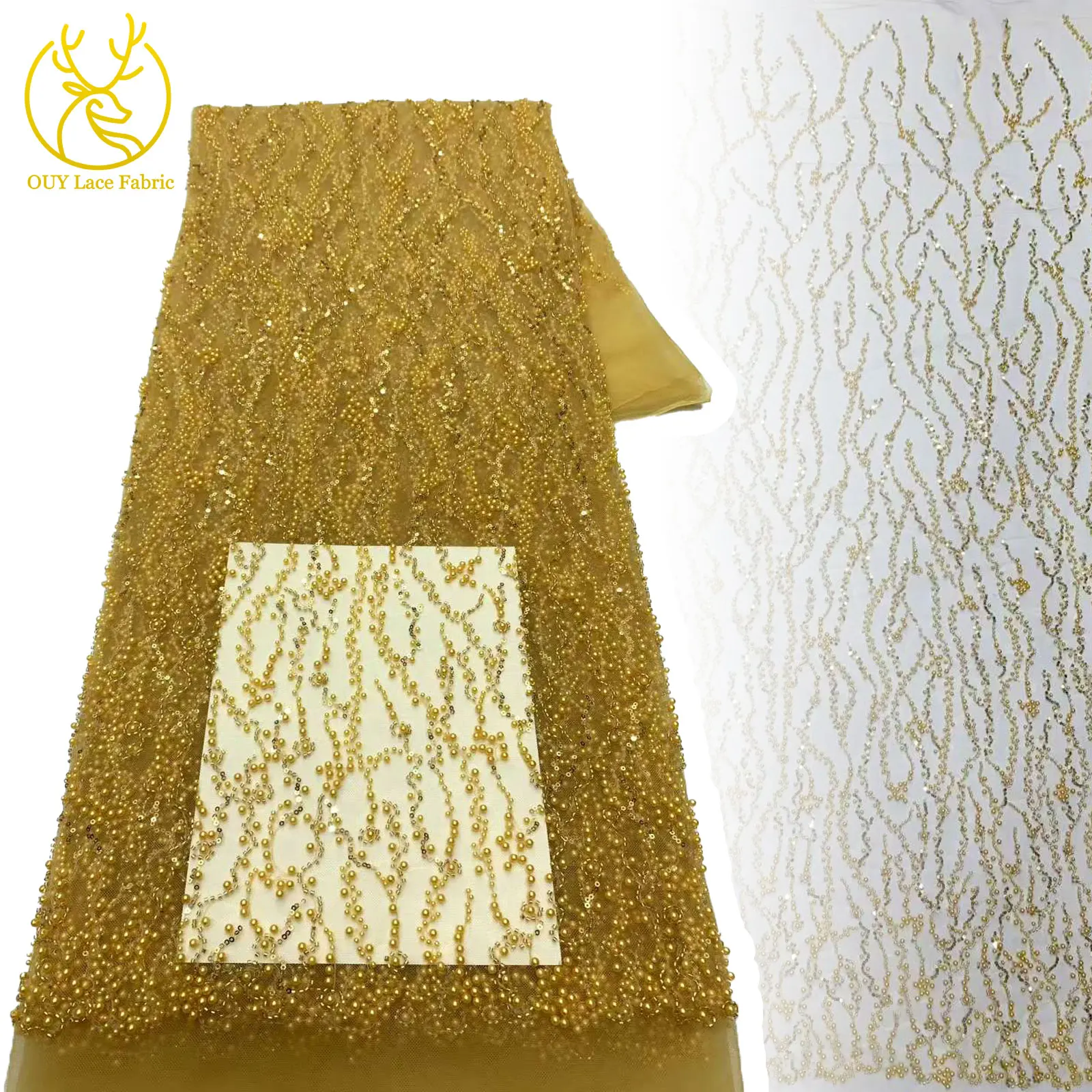 

Yellow African Handmade Beads, Sequins, Sheer Lace Fabric, French Luxury Beaded Lace Fabric Suitable For Bridal Wedding Dresses