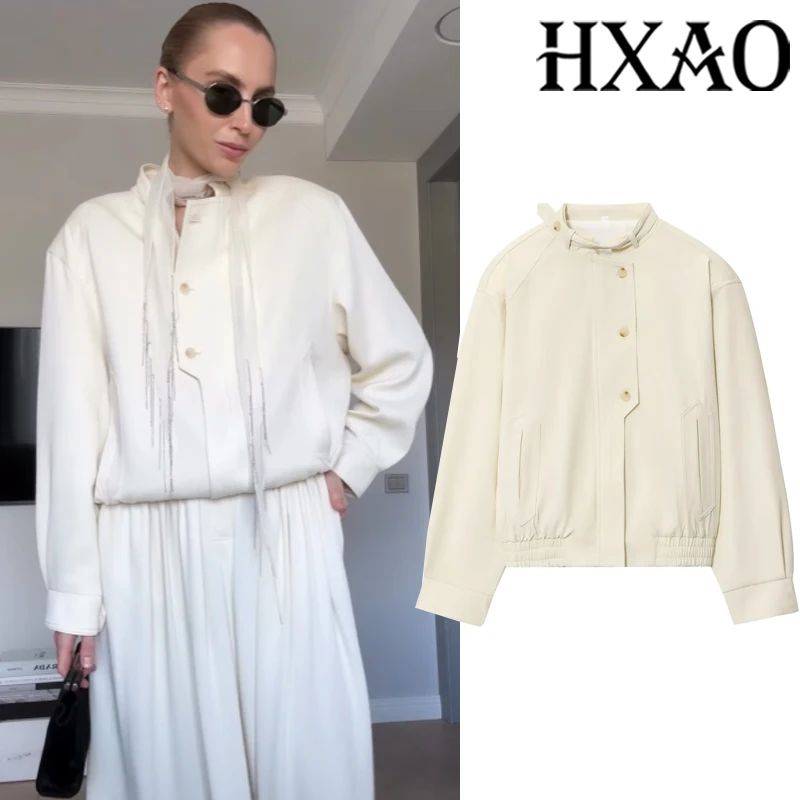 

HXAO Women Jacket Demi-Season Bomber Jackets Woman Long Sleeve Cropped Beige Varsity Jacket Zip Up Large Size Outdoor Coats