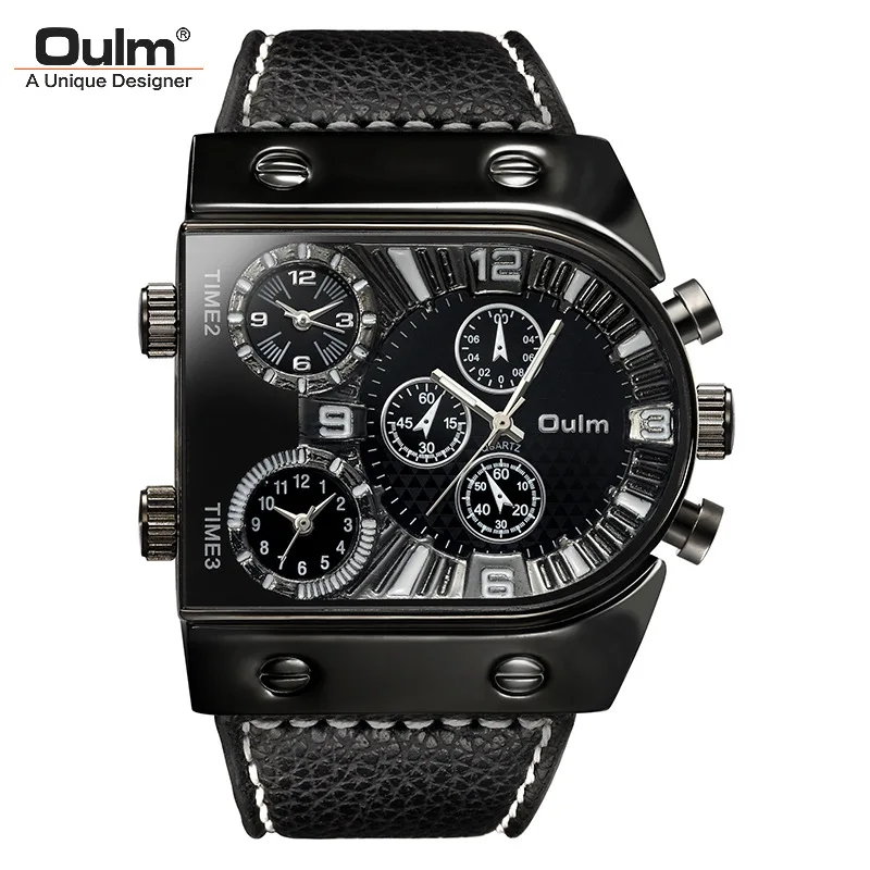 

Fashion OULM Top Brand Men's Quartz Personalized Multi Time Zone Fashionable Quartz Leather Wrist Watches