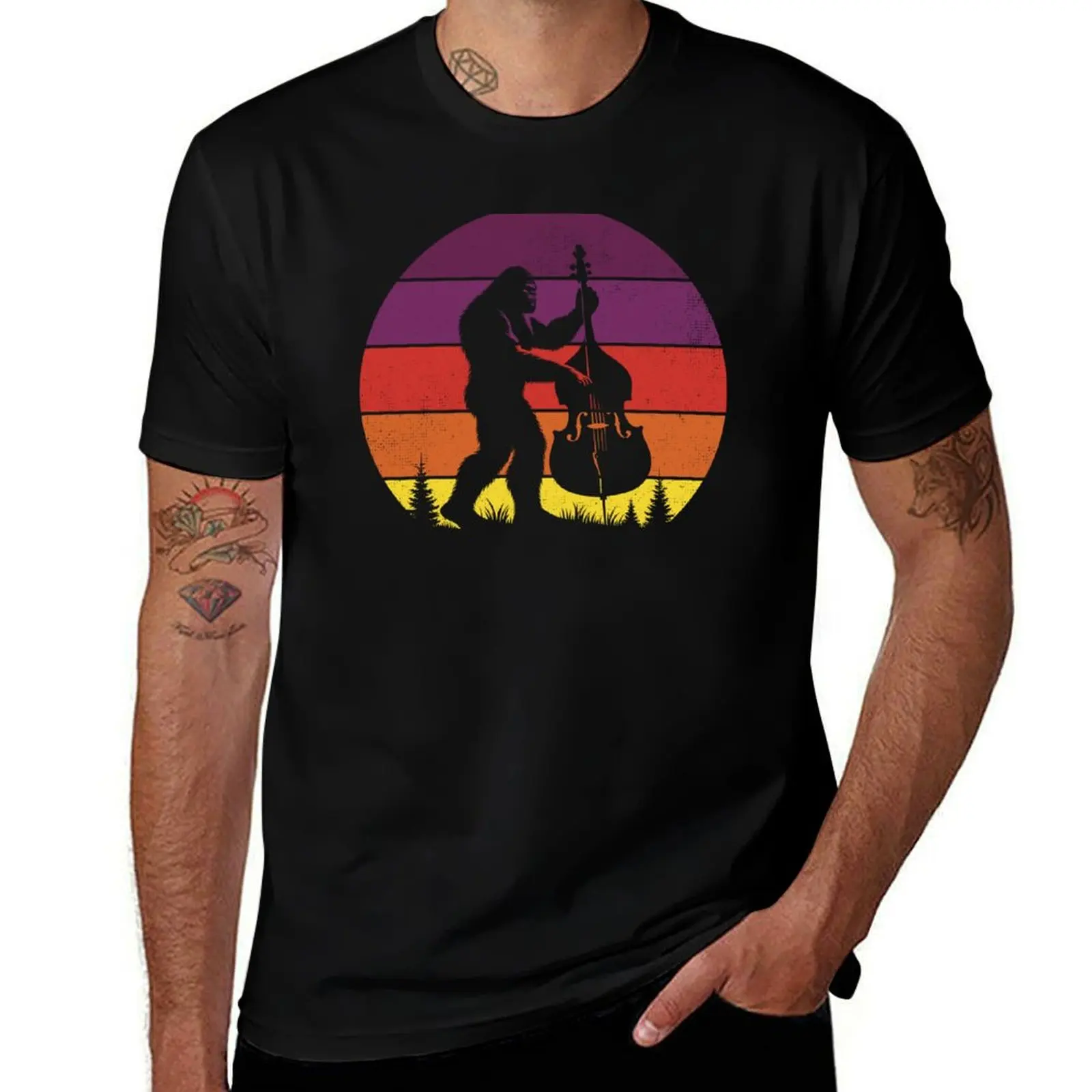 

Bigfoot Sasquatch Playing Double Bass Vintage Sunset Music Lover T-Shirt funny t shirts dark humor cotton t shirts high quality