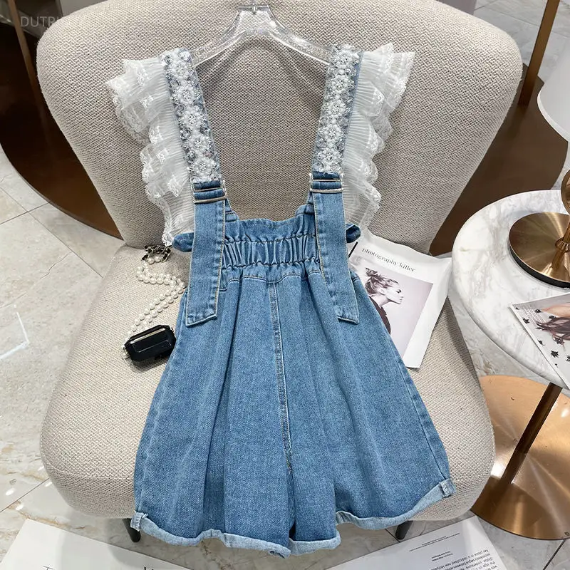 Kawaii Fashion Denim Shorts Women Ummer Overalls Heavy Beading Ruffles Pantalones Cortos De Mujer Korean Y2k Wide Leg Pants
