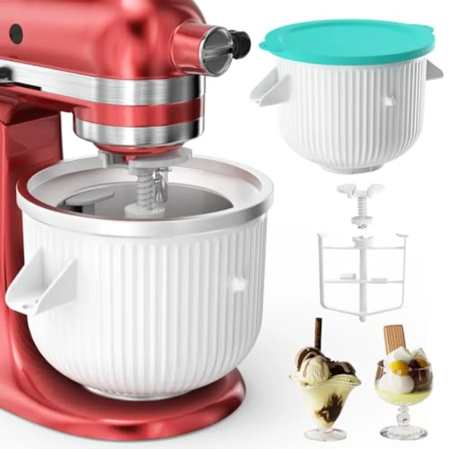 

Ice Cream Attachment for Mixer 2 Qt Ice Cream Bowl with Lid Compatible with 4.5Qt and 6QT or Larger Stand Mixers Frozen Yogurt