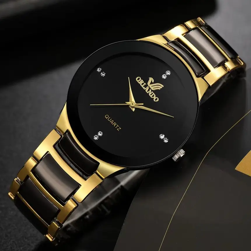 Relojes de lujo para hombre, reloj de pulsera de cuarzo de oro negro fresco de acero completo, reloj Masculino exquisito, reloj informal ORLANDO a la moda, Relojes