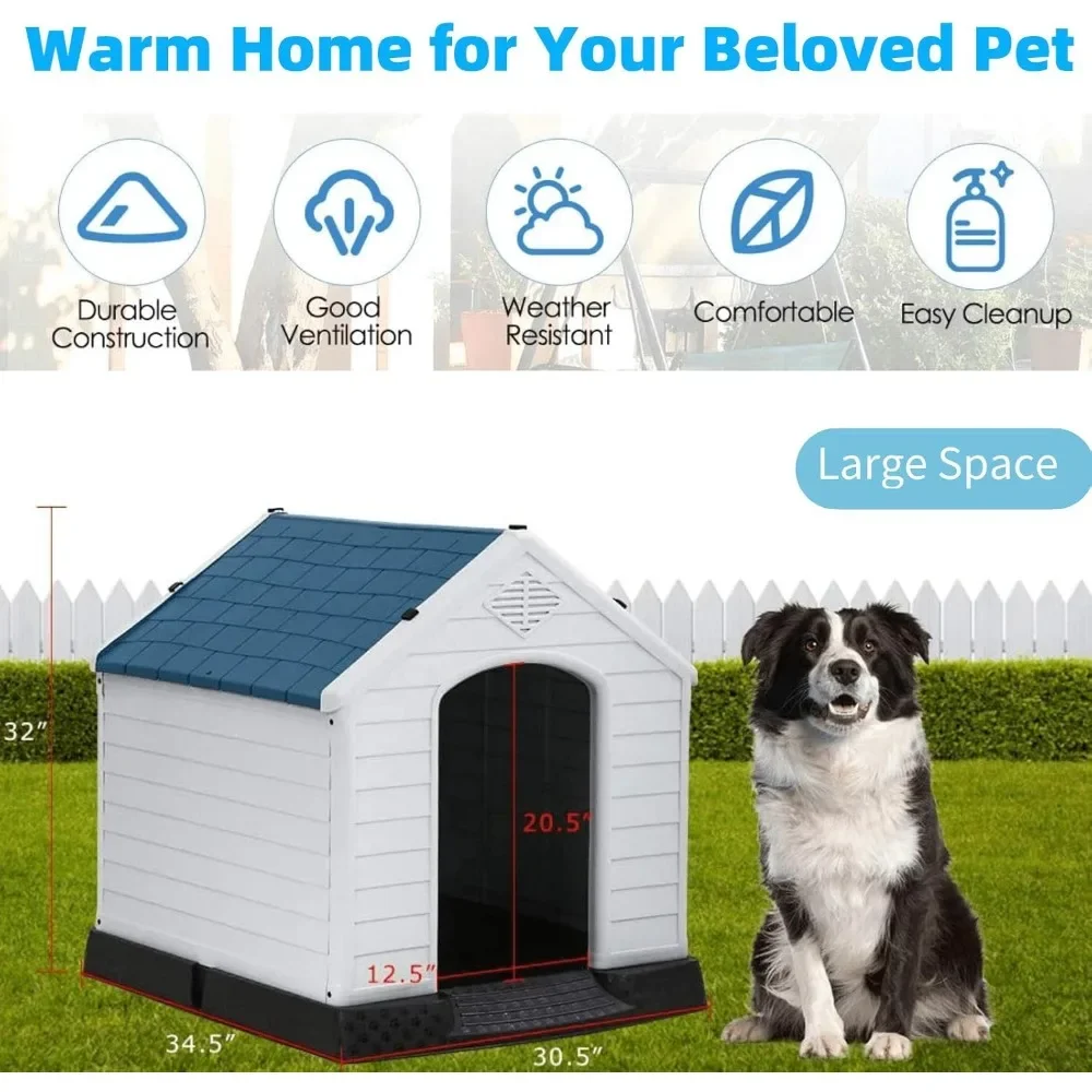 Big Dog House, Durable Waterproof Plastic Dog Kennel, Elevated Floor & Base Support, Pet Dog House Winter House