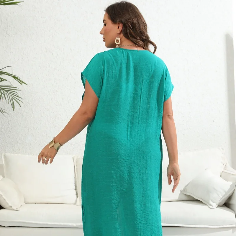 Vrouwen V-hals Cover Ups Beachwear Lange Een Stuk Hollow Out Beachdress Plus Size Solid Bikini Maxi Badpakken Kaftan Badpak