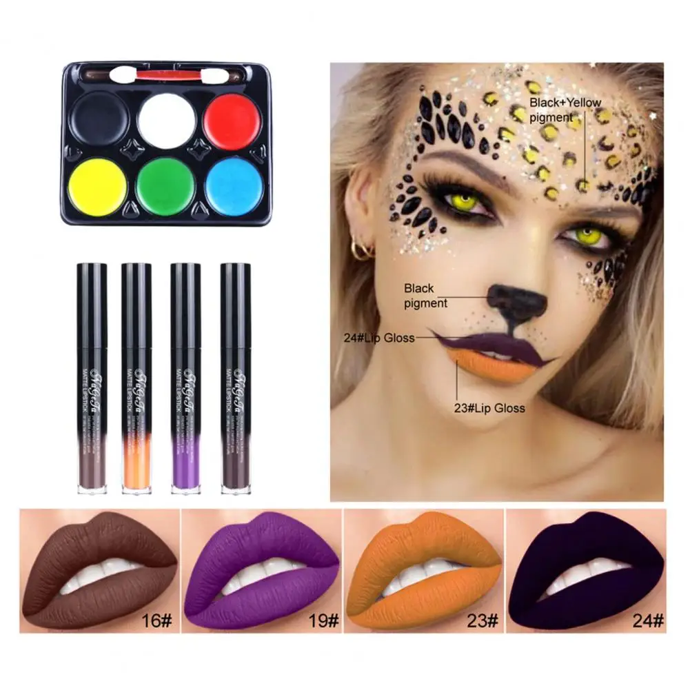 Kit de maquillaje facial de Halloween, juego de maquillaje Spooky, brillo de labios de larga duración, pintura facial, taza no pegajosa, crea aspecto escalofriante