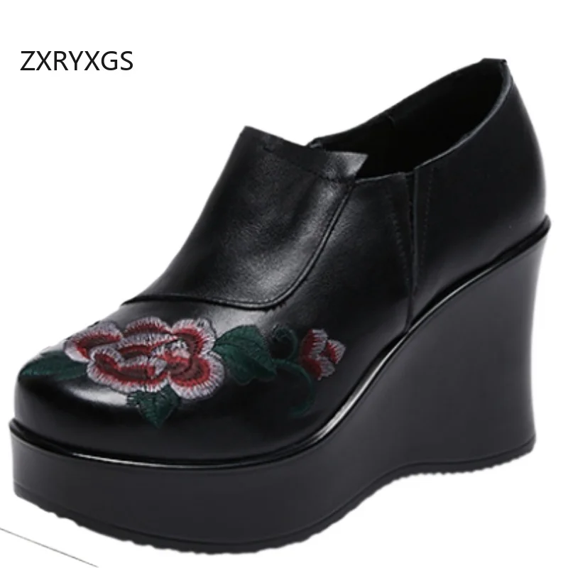 

ZXRYXGS/Женская модная обувь из воловьей кожи с вышивкой, на танкетке, на толстой подошве, на высоком каблуке, 2026, из натуральной кожи, банкетные свадебные туфли Tide