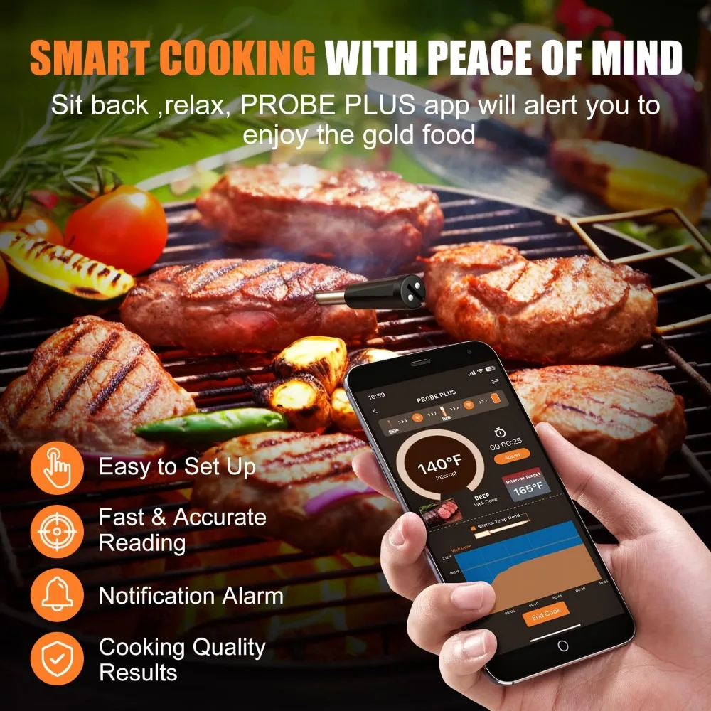 Termometer daging pintar nirkabel, jangkauan Bluetooth 330FT, tahan air 100%, memanggang memasak presisi, Multi sensor